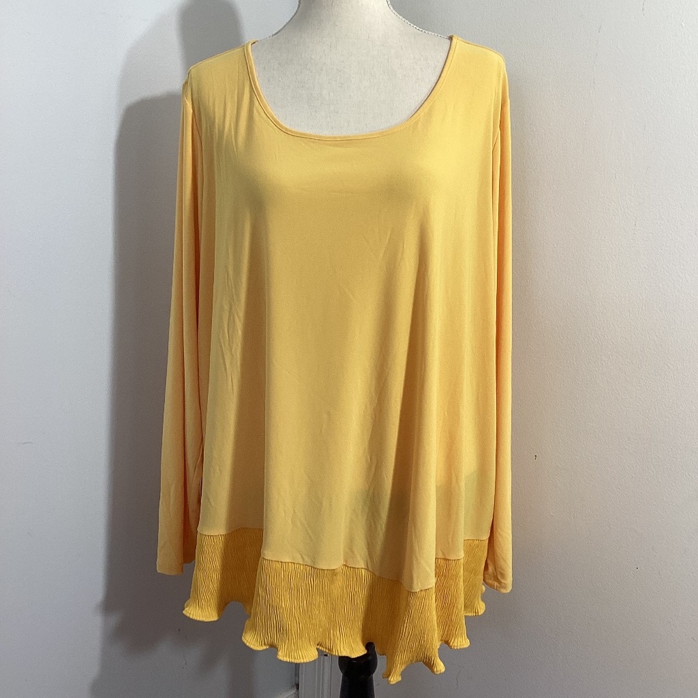 NWOT WOMAN PLUS 2X JERSEY KNIT TUNIC BRIGHT YELLOW RUFFLE ASYMMETRIC HEM